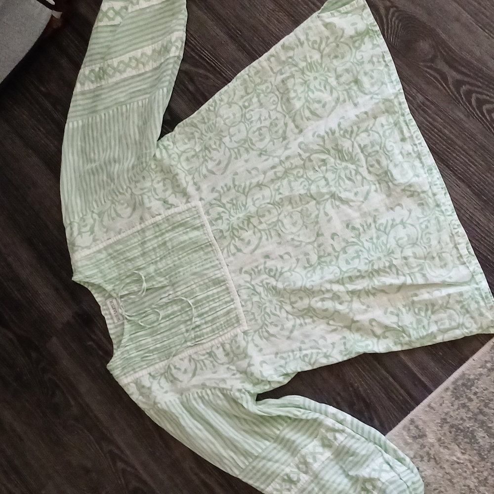 Sue Sartor Oversized Balloon Sleeve Green Stripe & Floral Cotton Tunic XS
